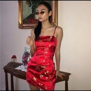 I.AM.GIA Dress Kiko Mini Satin Asian Design in Red Gold Floral Embroidered Sz XS